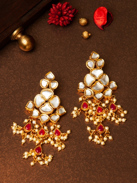 

Rubans Gold-Plated & White Contemporary Drop Earrings