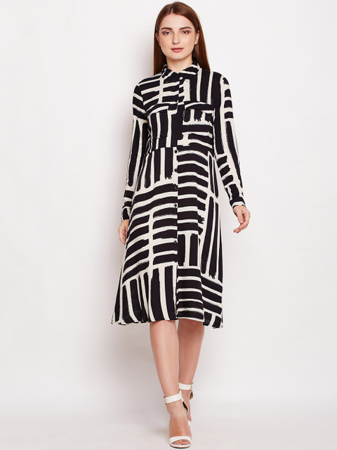 

Oxolloxo Women Black Printed Abstract Couture Sherba Midi Shirt Dress