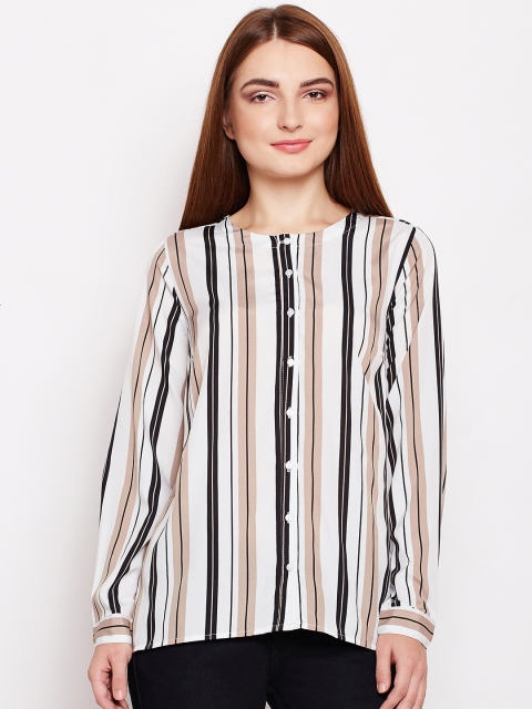 

Oxolloxo Women White & Black Regular Fit Striped Casual Shirt