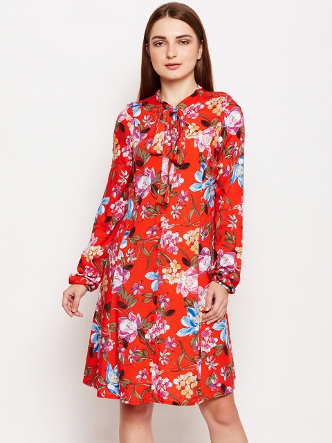 

Oxolloxo Women Red Printed Berta Floral Statement Bow Shirt Dress