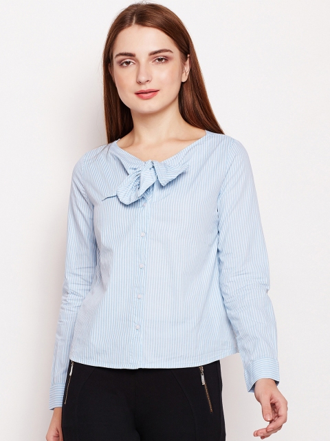 

Oxolloxo Women Blue & White Regular Fit Striped Casual Shirt