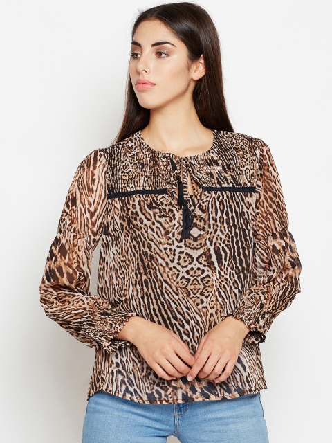 

Oxolloxo Women Leopard Style Lace Detail Top, Brown