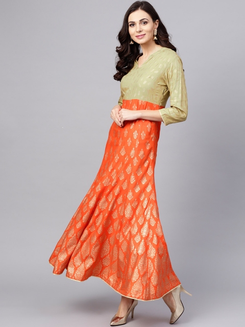 

AKS Women Orange & Olive Green Printed Maxi Dress