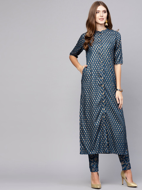 

AKS Women Teal Blue & Golden Printed Straight Kurta