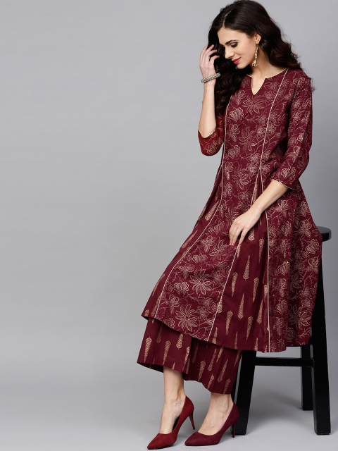 

AKS Women Maroon & Golden Printed A-Line Kurta