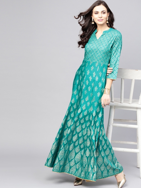 

AKS Women Turquoise Blue & Golden Printed Maxi Dress