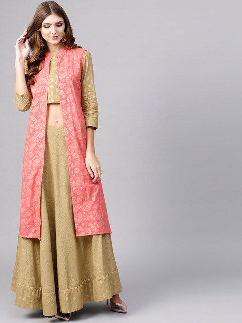 

AKS Beige & Peach-Coloured Khari Print Ready to Wear Lehenga with Choli & Ethnic Jacket