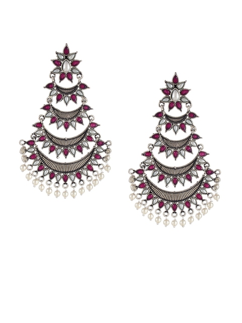 

Mali Fionna Silver-Toned & Pink Oxidised Geometric Drop Earrings