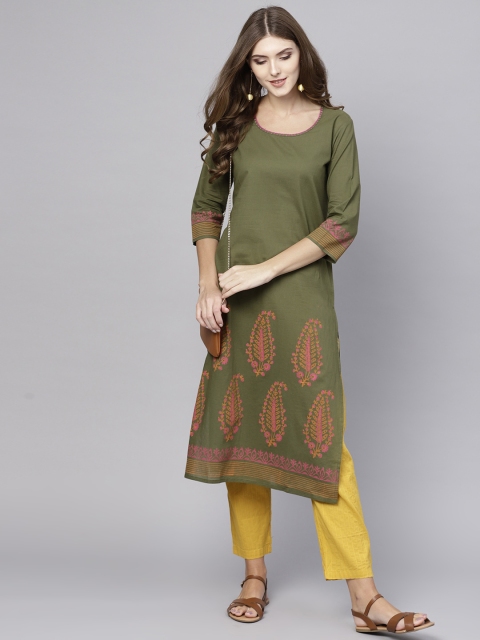 

AKS Women Olive Green & Pink Printed Straight Kurta