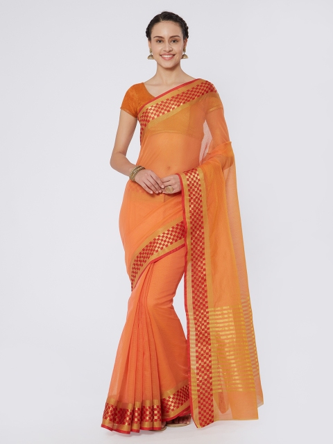 Kvsfab Peach-Coloured & Red Silk Cotton Woven Design Saree