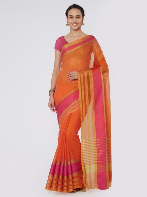 

Kvsfab Orange & Pink Silk Cotton Woven Design Saree