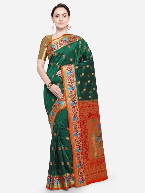 

Ishin Green & Orange Poly Silk Woven Design Saree