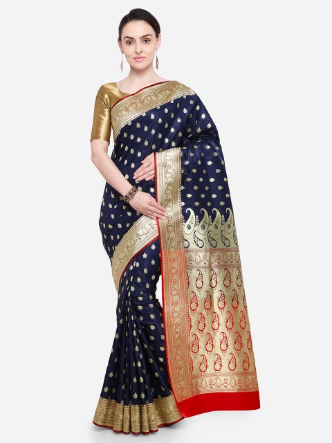

Ishin Navy Blue Woven Design Poly Silk Saree