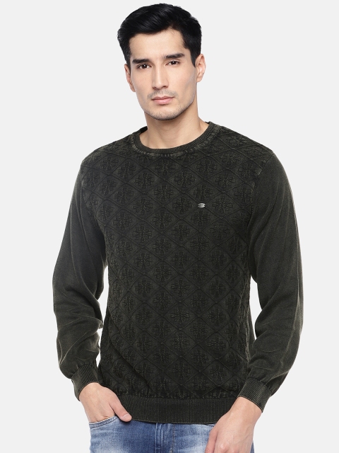 

Duke Men Dark Olive Green Self-Design Pullover