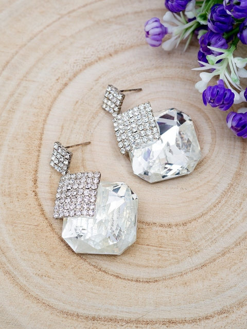 

Golden Peacock Silver-Toned & White Diamond Shaped Drop Earrings