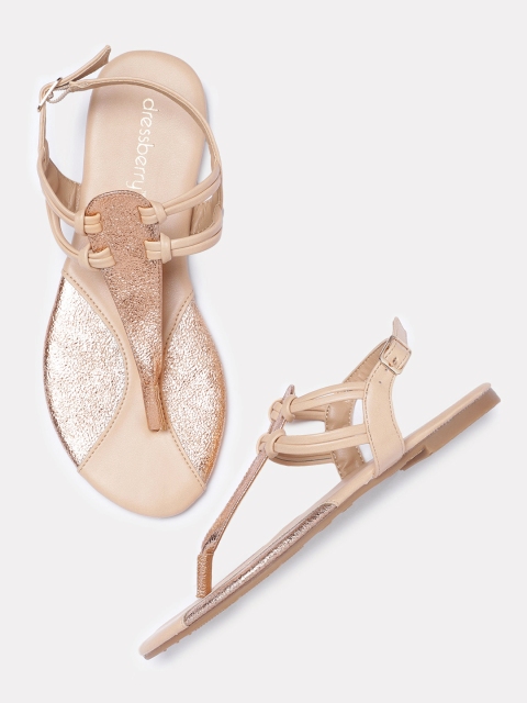

DressBerry Women Rose Gold-Toned Embellished T-Strap Flats