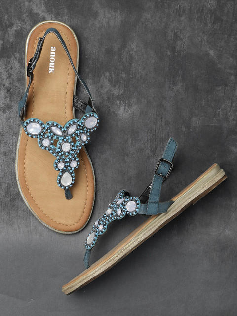 

Anouk Women Blue Embellished T-Strap Flats