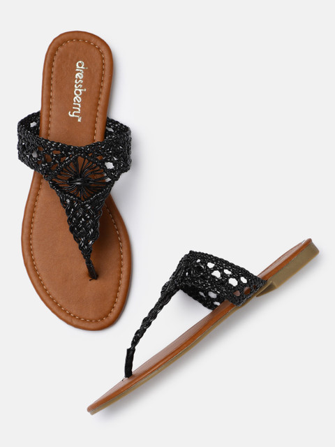 

DressBerry Women Black Woven Design T-Strap Flats