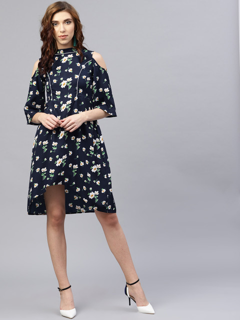 

aasi Women Navy Blue & White Printed A-Line Dress