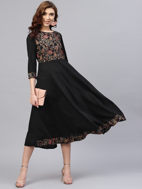 

aasi Women Black Printed Fit and Flare Dress