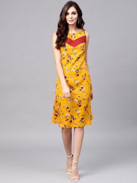 

aasi Women Mustard Yellow & Maroon Printed A-Line Dress
