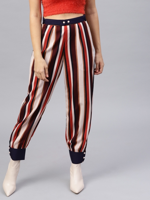 

aasi Women Burgundy & Beige Regular Fit Striped Joggers