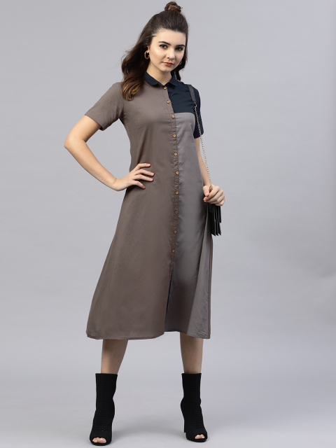 

aasi Women Taupe & Grey Colourblocked Shirt Dress