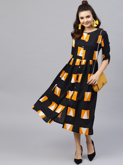 

aasi Women Black & Orange Printed A-Line Dress