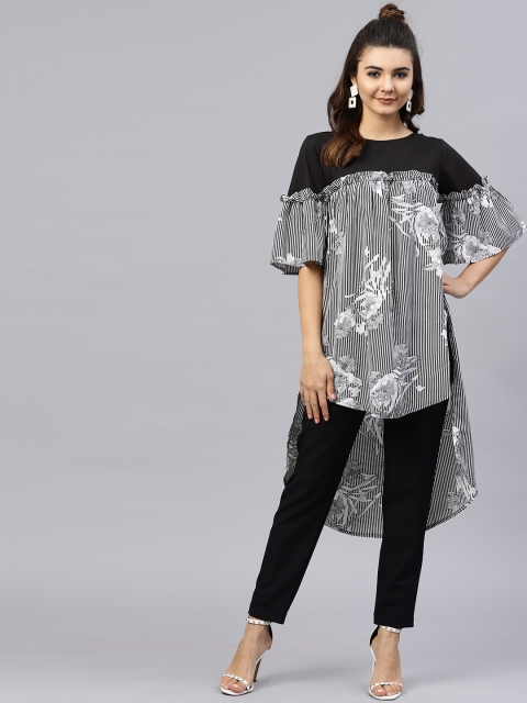 

aasi Women Black Striped A-Line Longline Top
