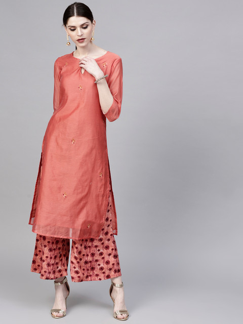 

Yufta Women Rust Red Embroidered Kurta with Palazzos