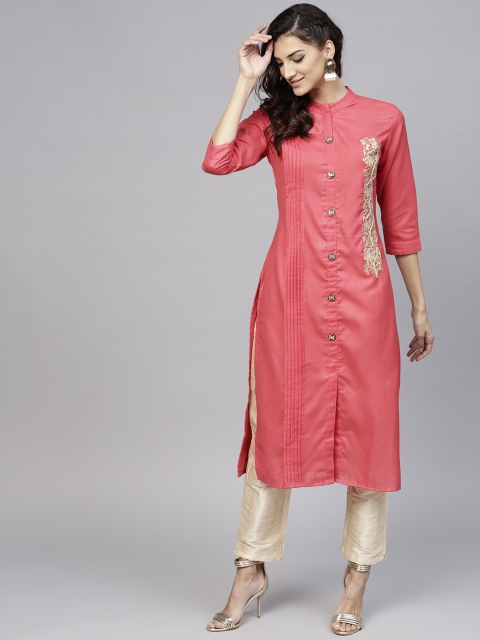 

Yufta Women Coral Pink Solid Straight Kurta