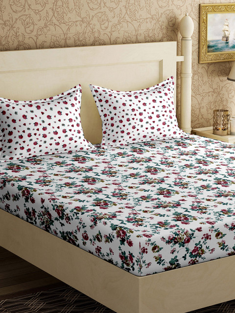 

EverHOME Green & White Floral Flat 144 TC Cotton 1 Double Bedsheet with 2 Pillow Covers
