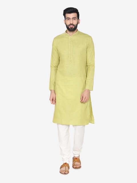 

Manyavar Men Green & White Solid Kurta with Churidar