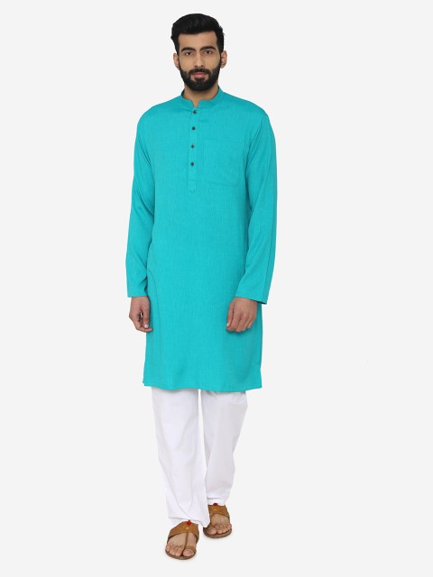 

Manyavar Men Turquoise Blue Solid Straight Kurta