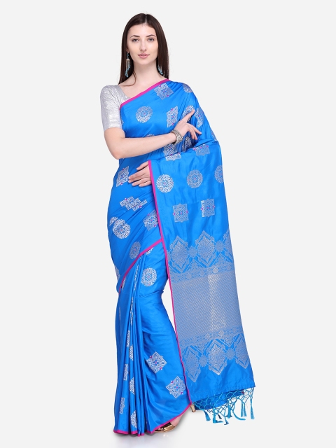 

Stylee LIFESTYLE Blue & Silver-Toned Silk Blend Woven Design Banarasi Saree