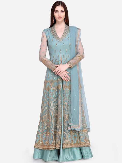 

Stylee LIFESTYLE Turquoise Blue Net Semi-Stitched Dress Material