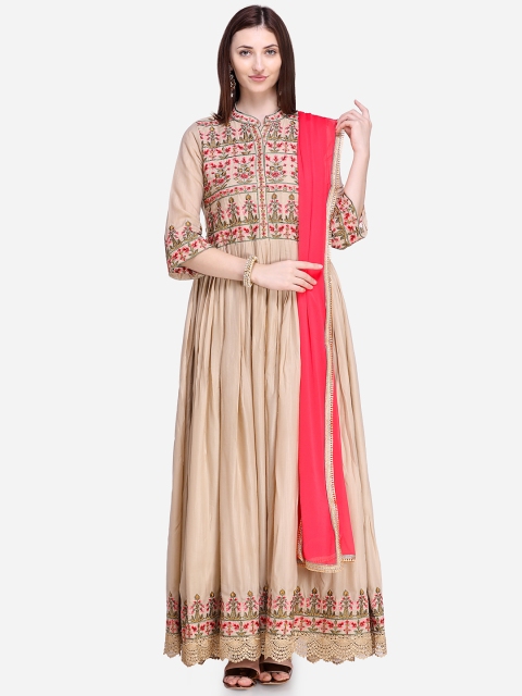 

Stylee LIFESTYLE Beige & Pink Art Silk Semi-Stitched Dress Material