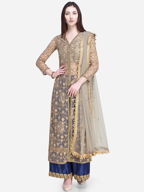 

Stylee LIFESTYLE Beige & Blue Net Semi-Stitched Dress Material