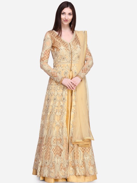 

Stylee LIFESTYLE Beige Net Semi-Stitched Dress Material