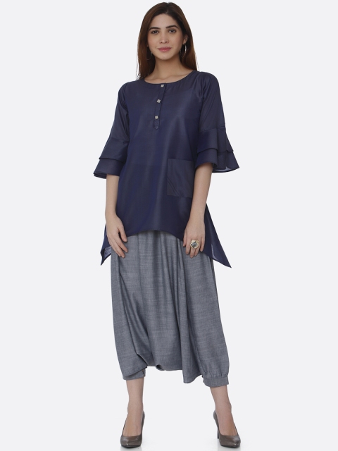

RAISIN Women Navy Blue & Grey Solid Kurta with Dhoti Pants