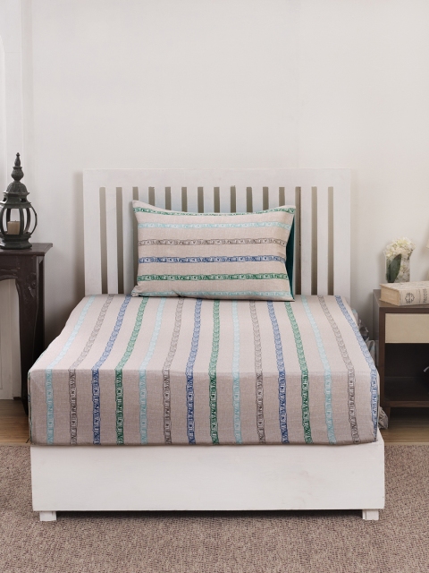 

MASPAR Beige & Green Striped Flat 210 TC Cotton 1 Single Bedsheet with 1 Pillow Covers