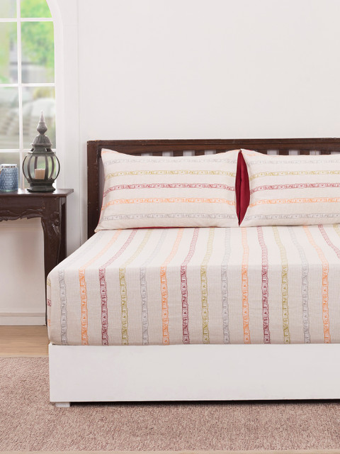

MASPAR Beige & Red Striped Flat 210 TC Cotton 1 Queen Bedsheet with 2 Pillow Covers