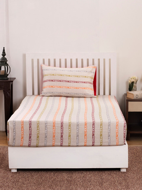 

MASPAR Beige & Red Striped Flat 210 TC Cotton 1 Single Bedsheet with 1 Pillow Covers