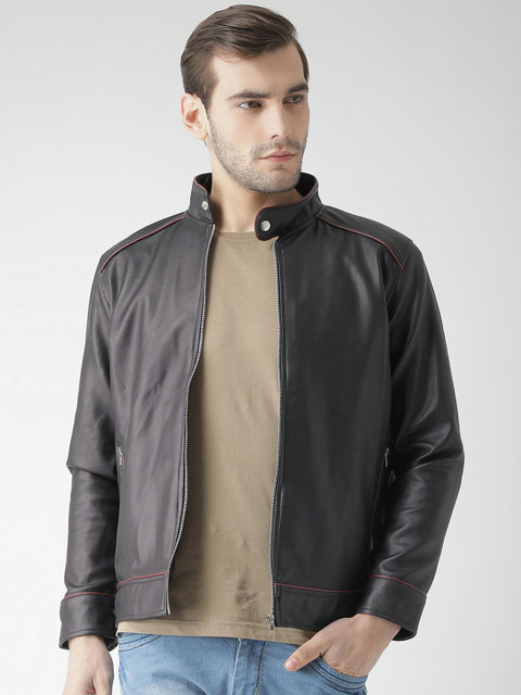 

Teesort Men Black Solid Biker Jacket