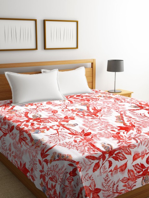 

Rajasthan Decor White & Red Floral Screen Print Kantha Work Cotton Double Bed Cover