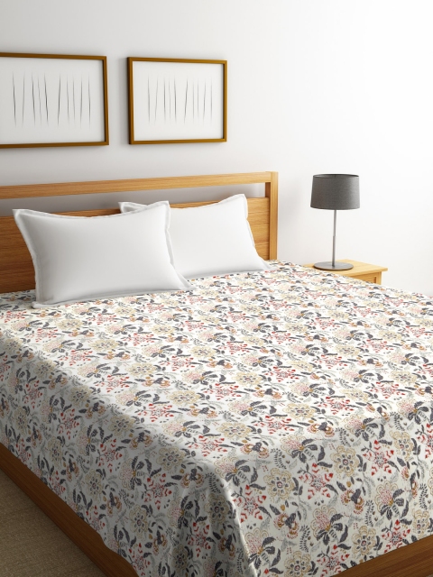 

Rajasthan Decor Off White & Grey Floral Screen Print Kantha Work Cotton Double Bed Cover