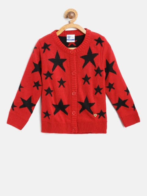 

612 league Girls Red & Black Self Design Cardigan