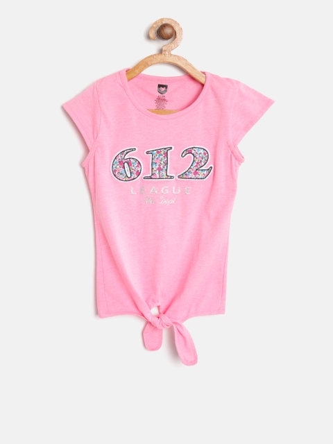 

612 league Girls Pink Printed Top With Applique Detail