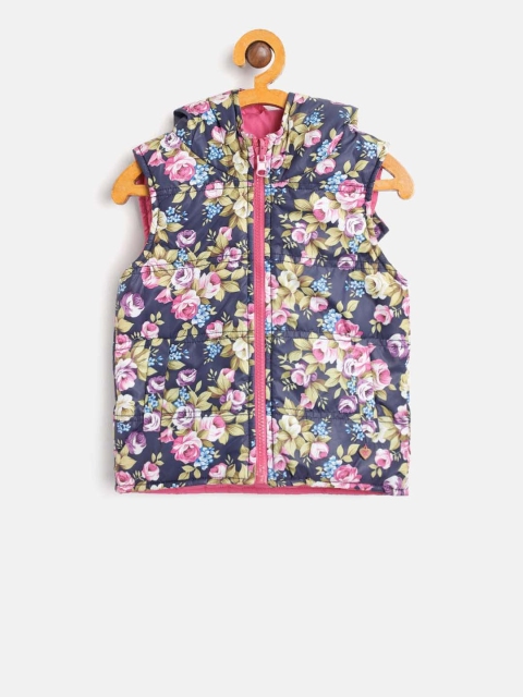

612 league Girls Navy Blue Printed Hooded Reversible Padded Jacket