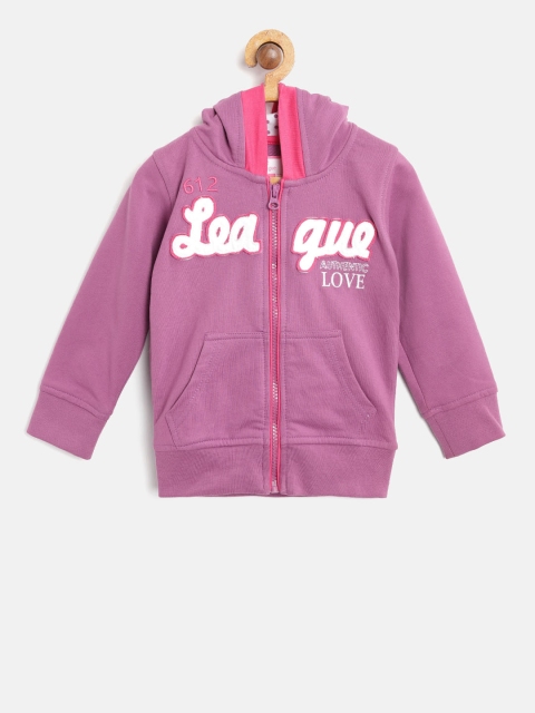 

612 league Girls Purple Self Design Hooded Sweatshirt with Applique Detail